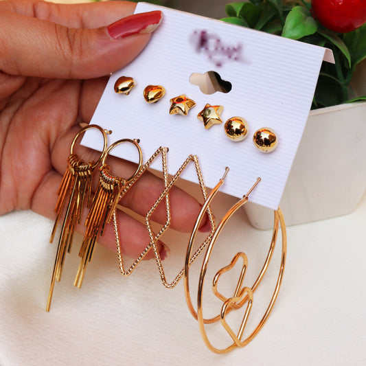 Combo Golden Earrings for Women | set of 6 earrings | Trendy Gold Studs and Hoop Earrings