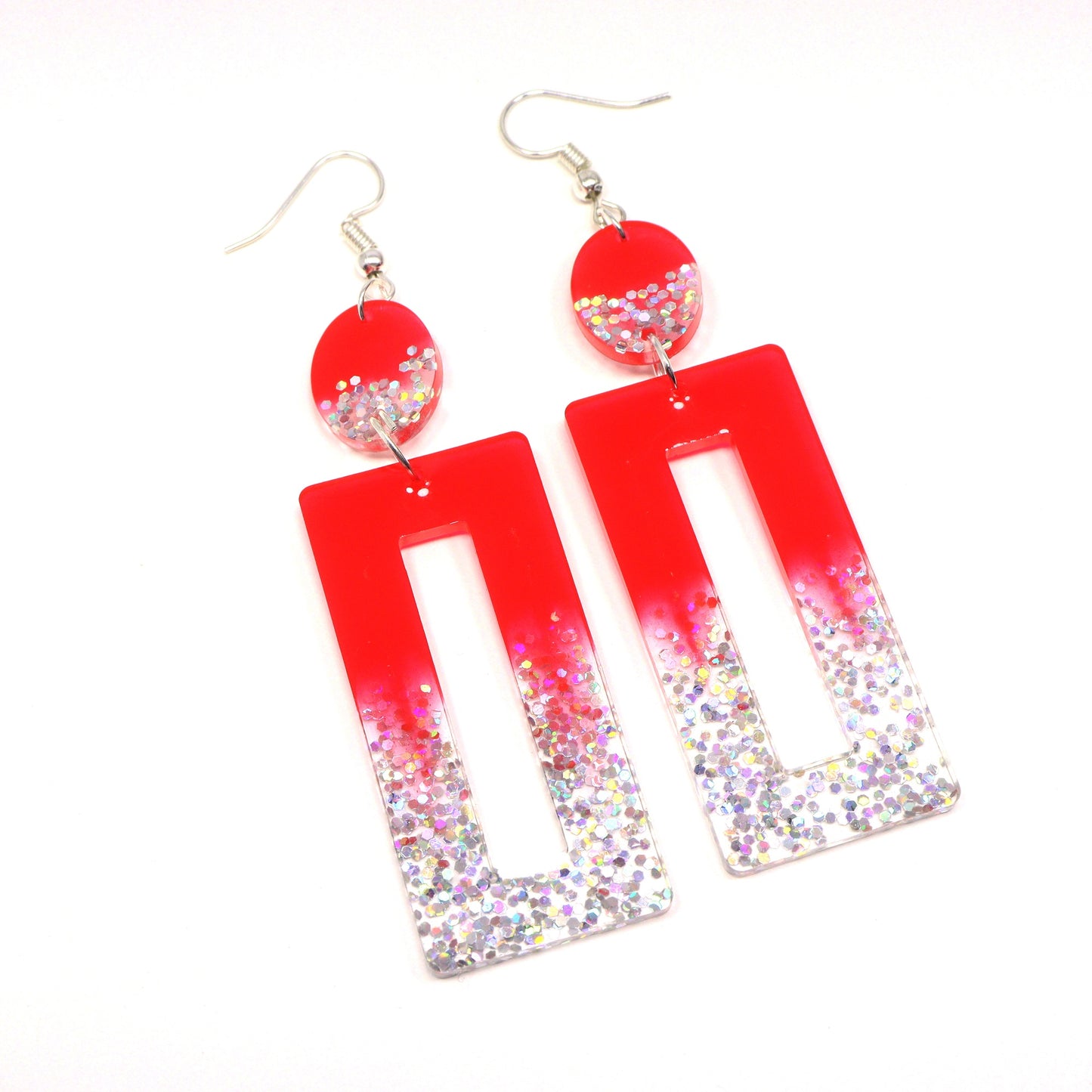 Silver and Red Rectangular shape drop handmade earrings for women