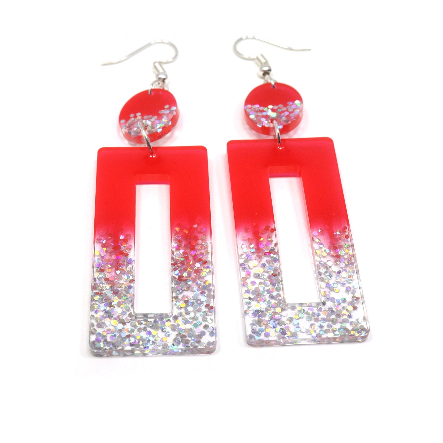 Silver and Red Rectangular shape drop handmade earrings for women